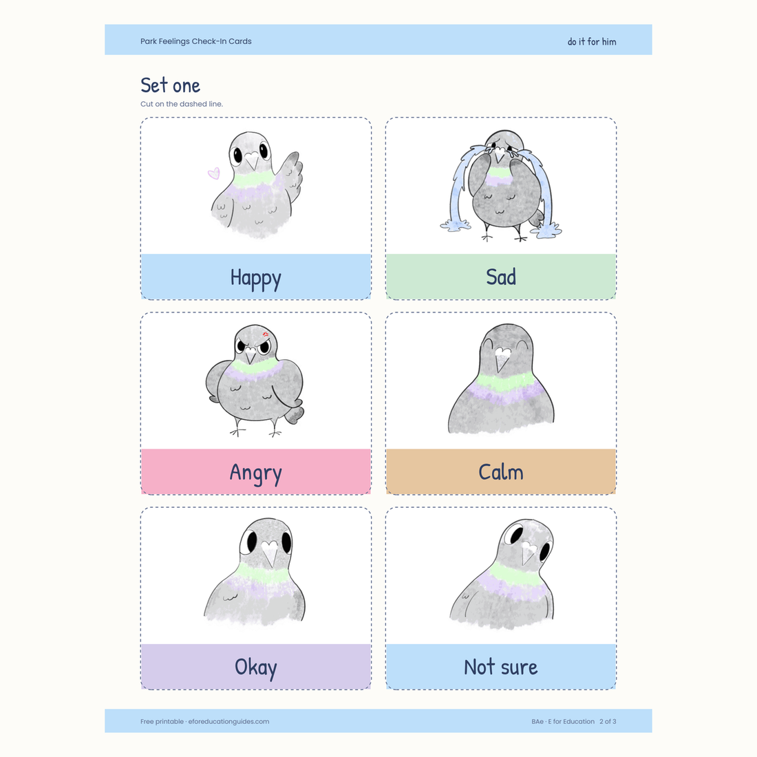 Park Feelings Check-In Cards: six hand-drawn Park emotion cards