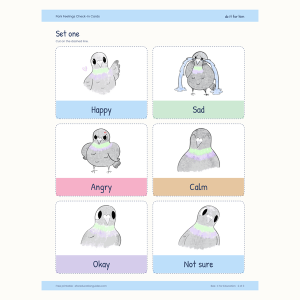 Park Feelings Check-In Cards: six hand-drawn Park emotion cards