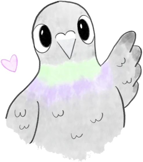 Park the Pigeon, hand-painted in watercolor, one wing raised beside a small pink heart